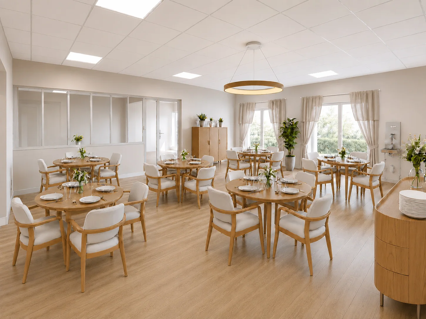 Rendu IA : salle de restauration aménagée
